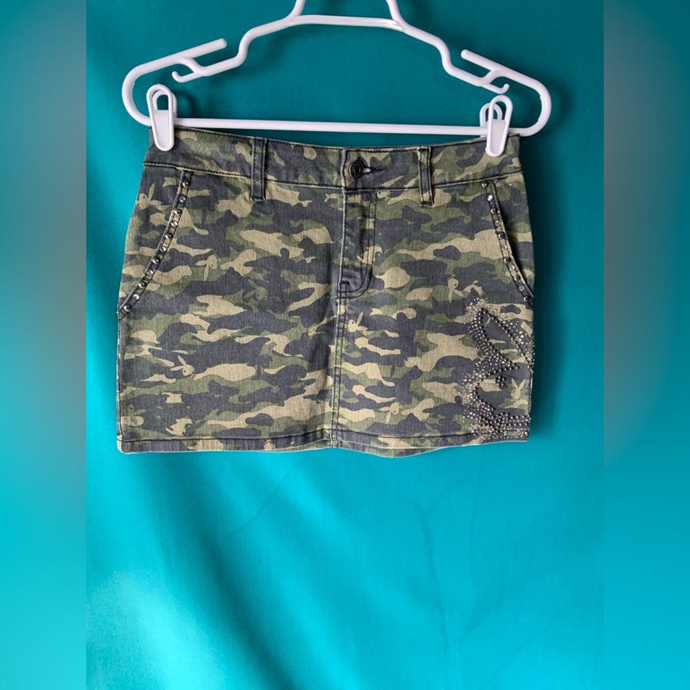 PLAYBOY Y2K-style Camouflage Denim Mini Skirt (Iconic Rhinestone Logo) NWOT
